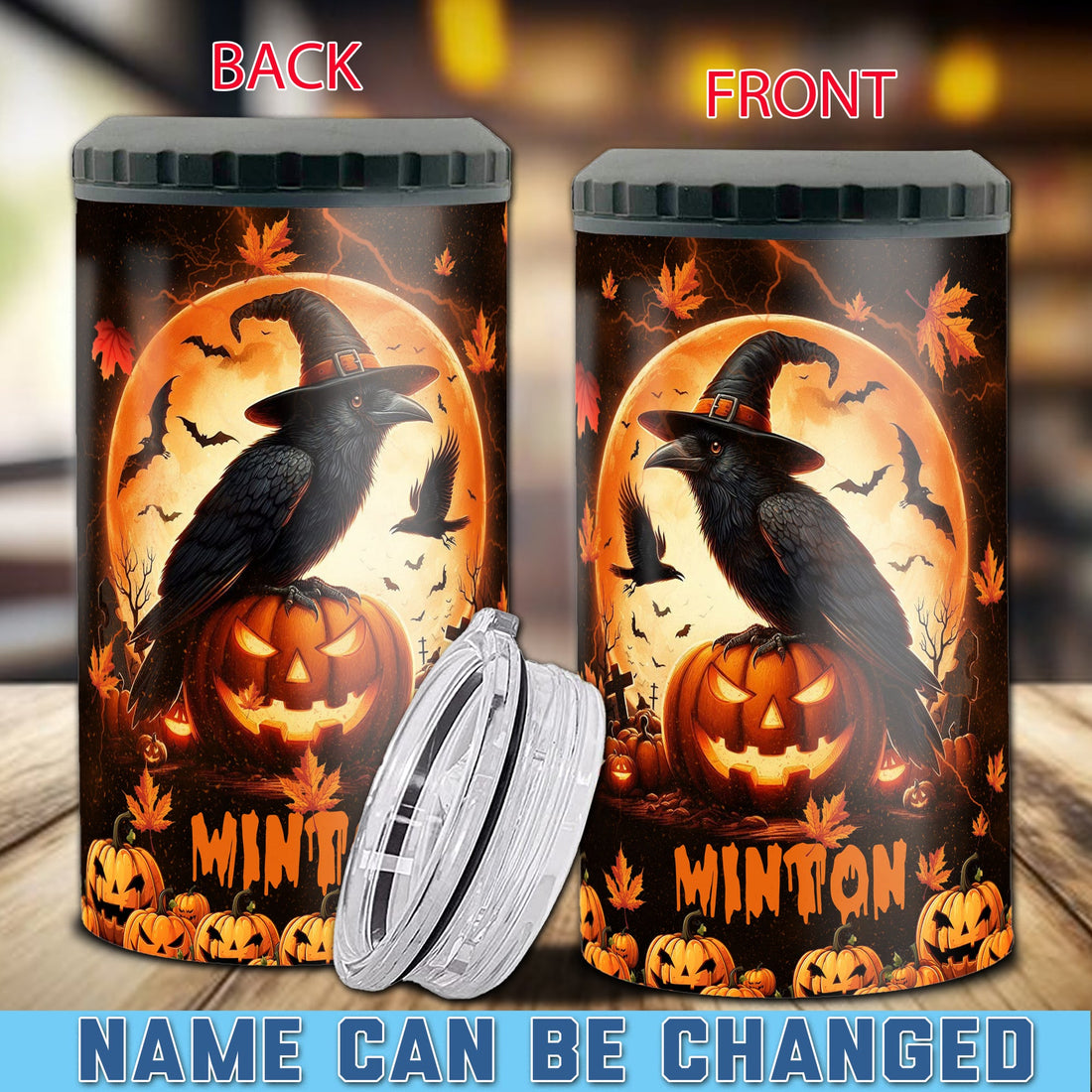 Personalized Raven Crow Halloween Can Cooler 4 in 1 Holder Cup with Lids Customized Name 16oz Beer Drinking Gifts for Bird Lovers Women Men Kids Teen Holiday