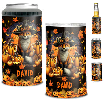 Personalized Fox Halloween Can Cooler 4 in 1 Holder Cup with Lids Customized Name 16oz Beer Drinking Gifts for Women Men Kids Teen Holiday