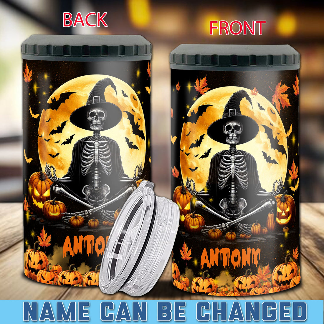 Personalized Skeleton Halloween Can Cooler 4 in 1 Holder Cup with Lids Customized Name 16oz Beer Drinking Gifts for Skeletons Lovers Women Men Kids Teen Holiday