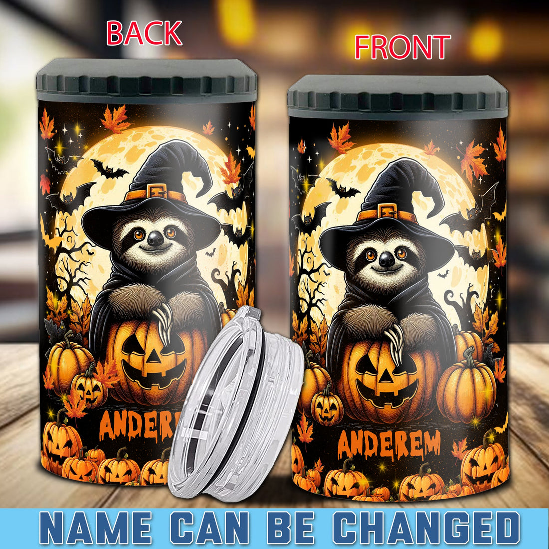 Personalized Sloth Halloween Can Cooler 4 in 1 Holder Cup with Lids Customized Name 16oz Beer Drinking Gifts for Sloths Lovers Women Men Kids Teen Holiday