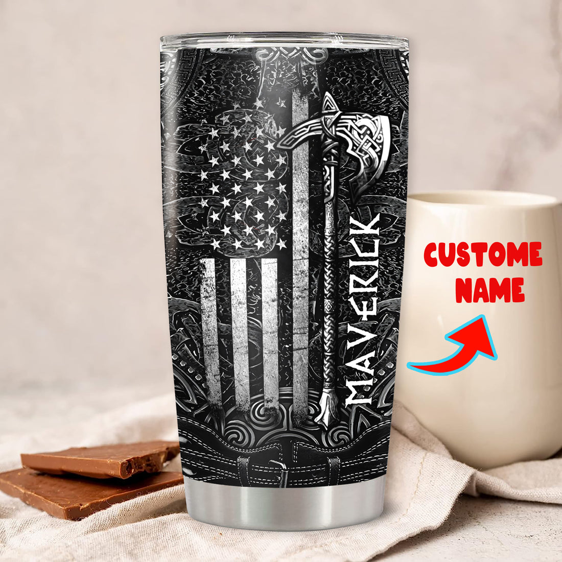 Personalized Viking Tumbler US Flag Style Customized Name Double Wall Vacuum Insulated Cup 20oz 30oz with Lid Unique Gift for Men Husband Son Dad Birthday Christmas