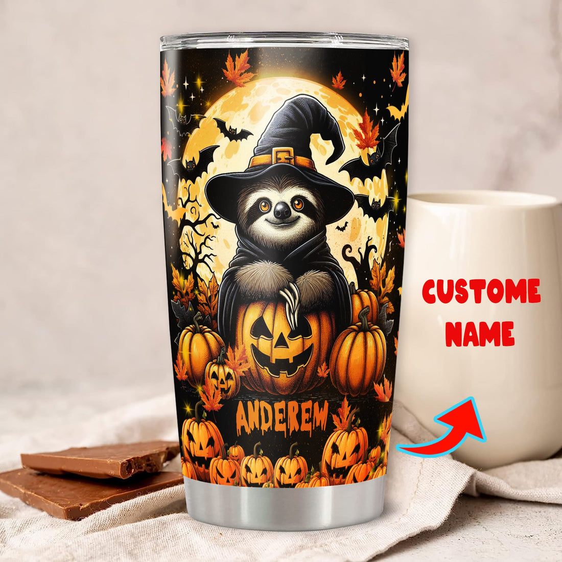 Personalized Sloth Halloween Tumbler Custom Name Travel Mug Coffee Insulated Cup with Lid Stainless Steel 20Oz 30Oz Decor Gifts for Women Men Kids