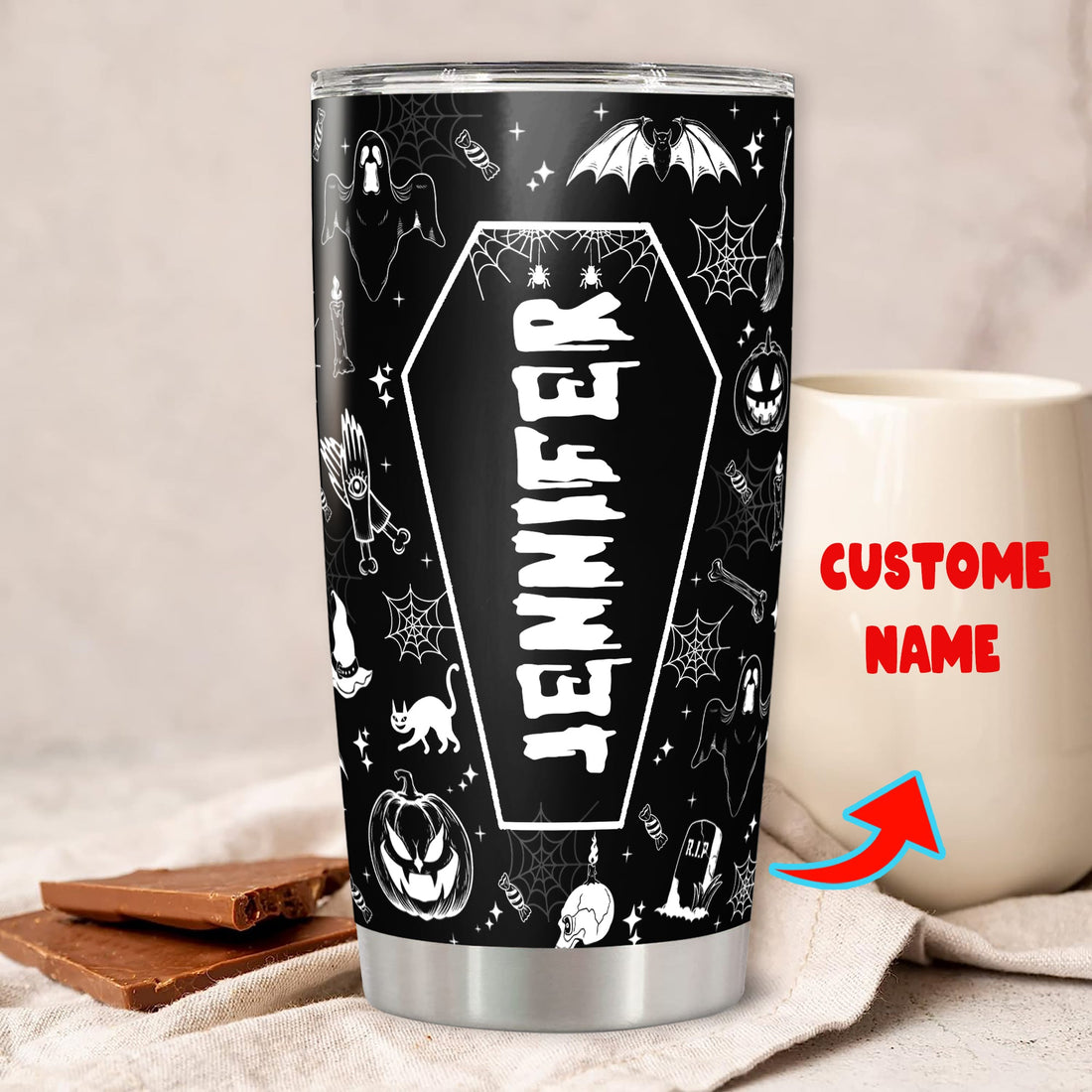 Personalized Halloween Tumbler Custom Name Witch Travel Mug Coffee Insulated Cup with Lid Stainless Steel 20Oz 30Oz Gifts for Women Girls Spooky Season