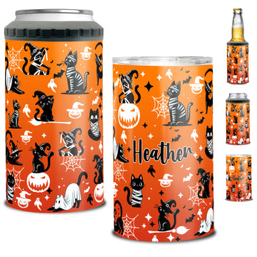 Personalized Halloween Can Cooler 4 in 1 Holder Cup with Lids Customized Name 16oz Beer Drinking Gifts for Cat Lovers Women Men Kids Teen Holiday