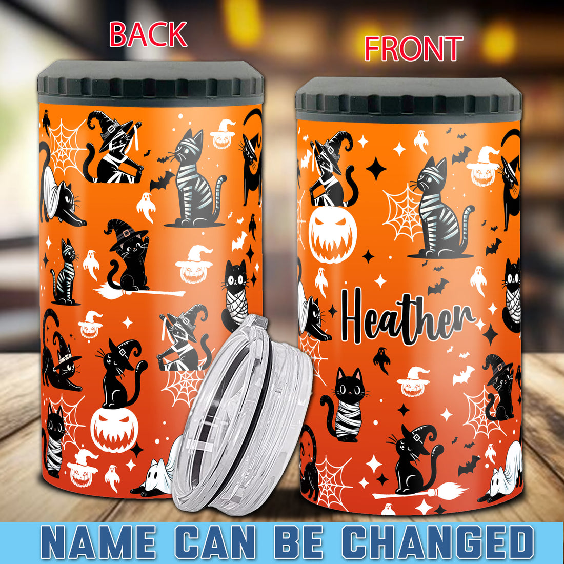 Personalized Halloween Can Cooler 4 in 1 Holder Cup with Lids Customized Name 16oz Beer Drinking Gifts for Cat Lovers Women Men Kids Teen Holiday