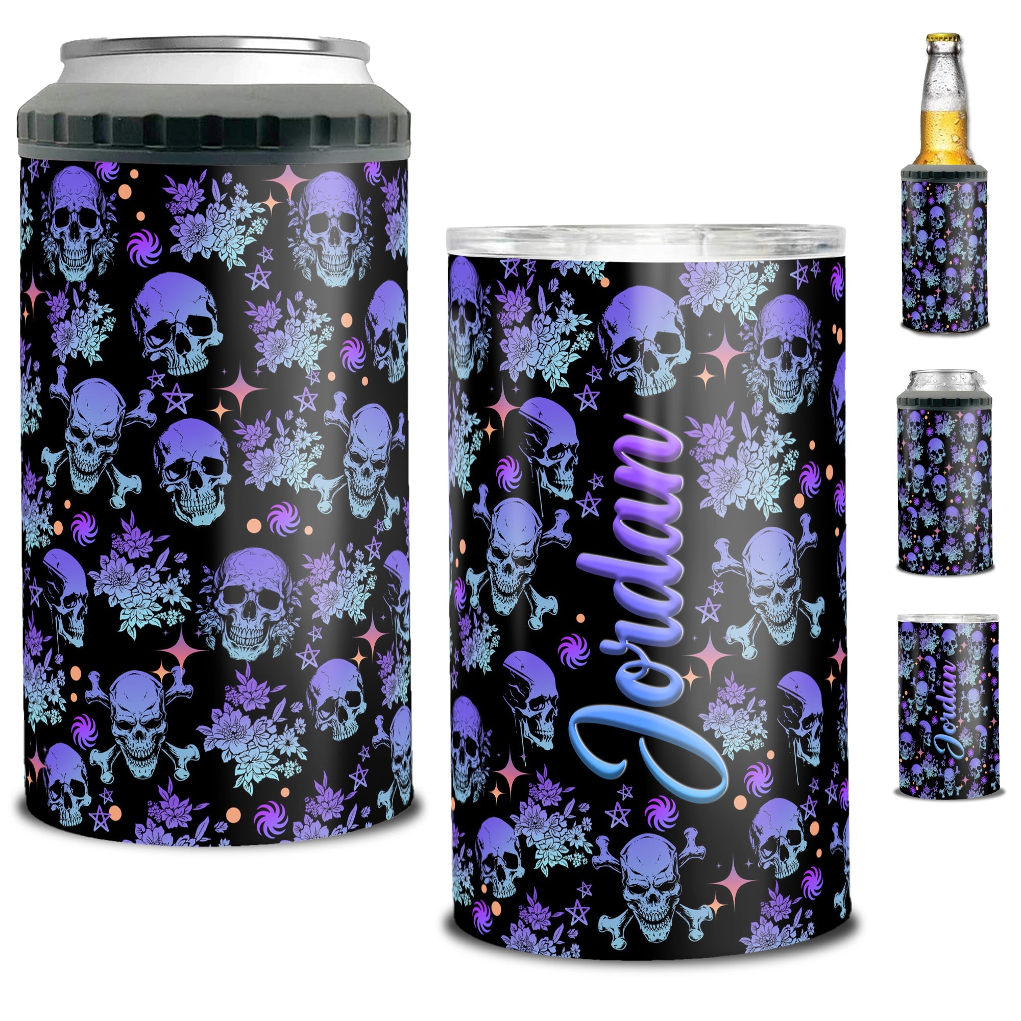 Personalized Halloween Can Cooler 4 in 1 Holder Cup with Lids Customized Name 16oz Beer Drinking Gifts for Skull Lovers Women Men Kids Teen Holiday