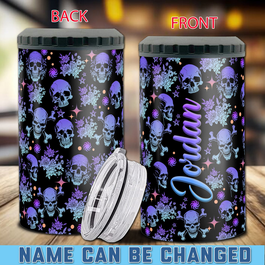 Personalized Halloween Can Cooler 4 in 1 Holder Cup with Lids Customized Name 16oz Beer Drinking Gifts for Skull Lovers Women Men Kids Teen Holiday