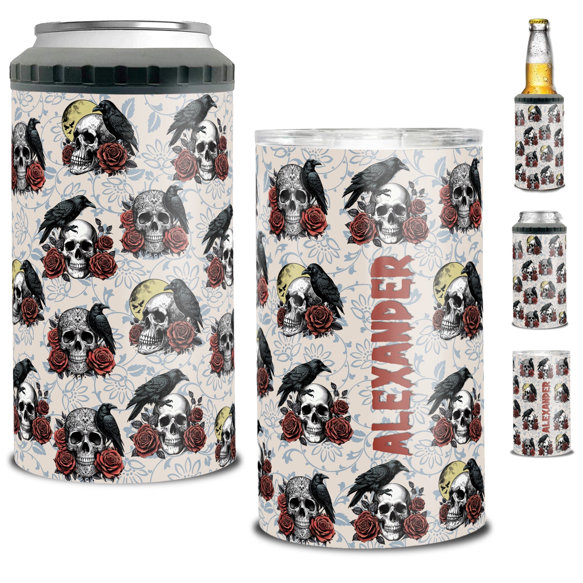 Personalized Halloween Can Cooler 4 in 1 Holder Cup with Lids Customized Name 16oz Beer Drinking Gifts for Raven Crow Lovers Women Men Kids Teen Holiday