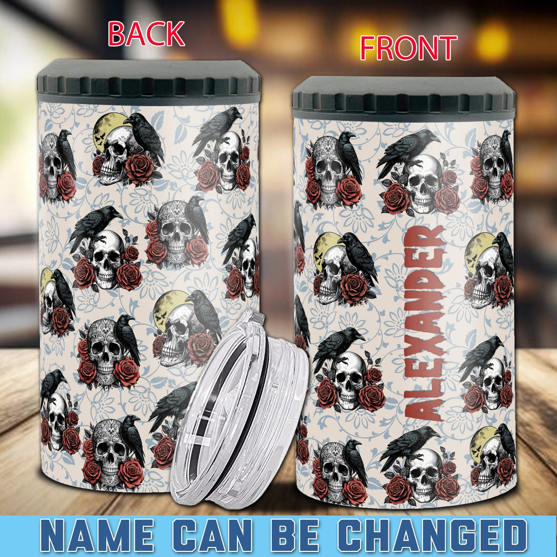 Personalized Halloween Can Cooler 4 in 1 Holder Cup with Lids Customized Name 16oz Beer Drinking Gifts for Raven Crow Lovers Women Men Kids Teen Holiday