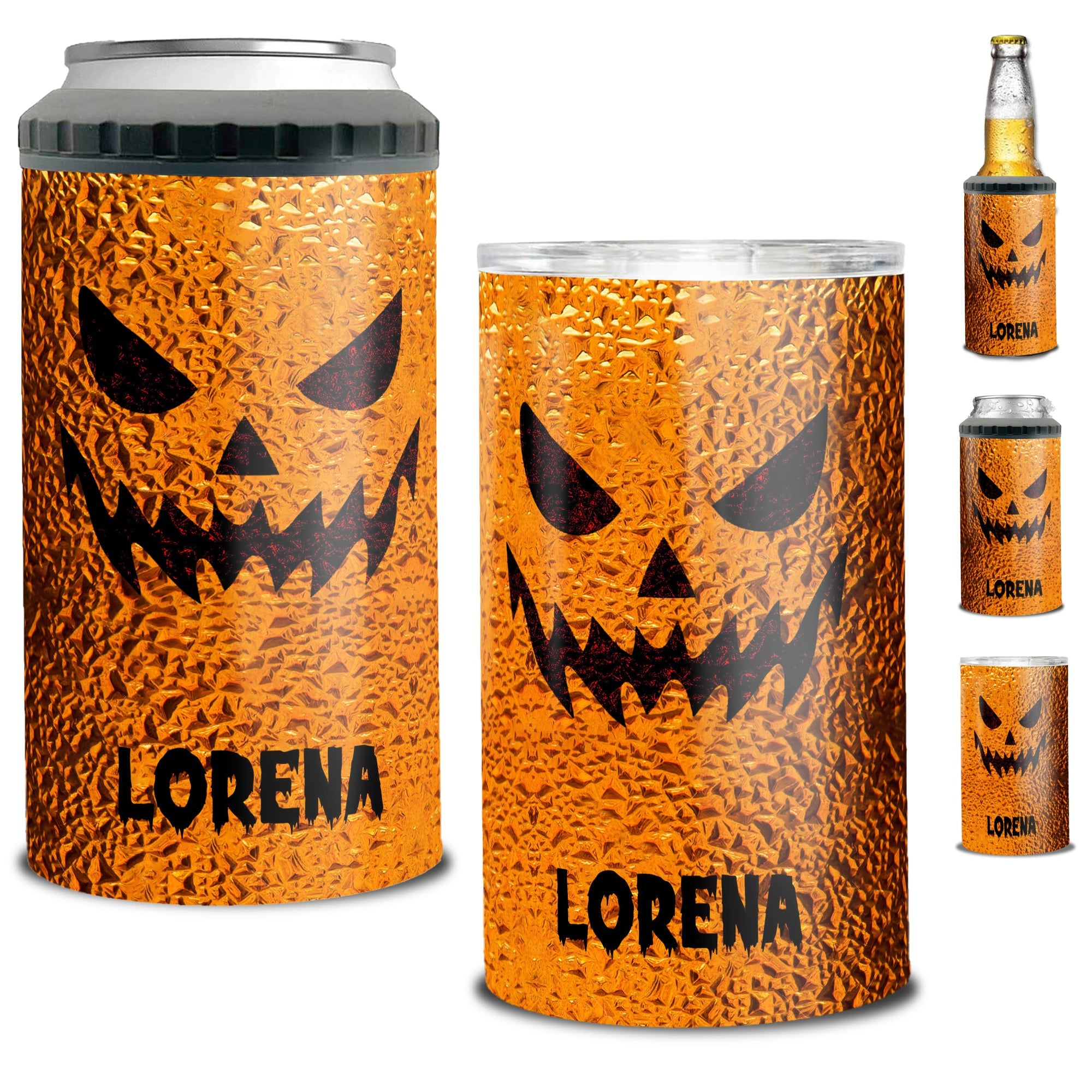 Personalized Halloween Can Cooler 4 in 1 Holder Cup with Lids Customized Name 16oz Beer Drinking Gifts for Pumpkin Lovers Women Men Kids Teen Holiday