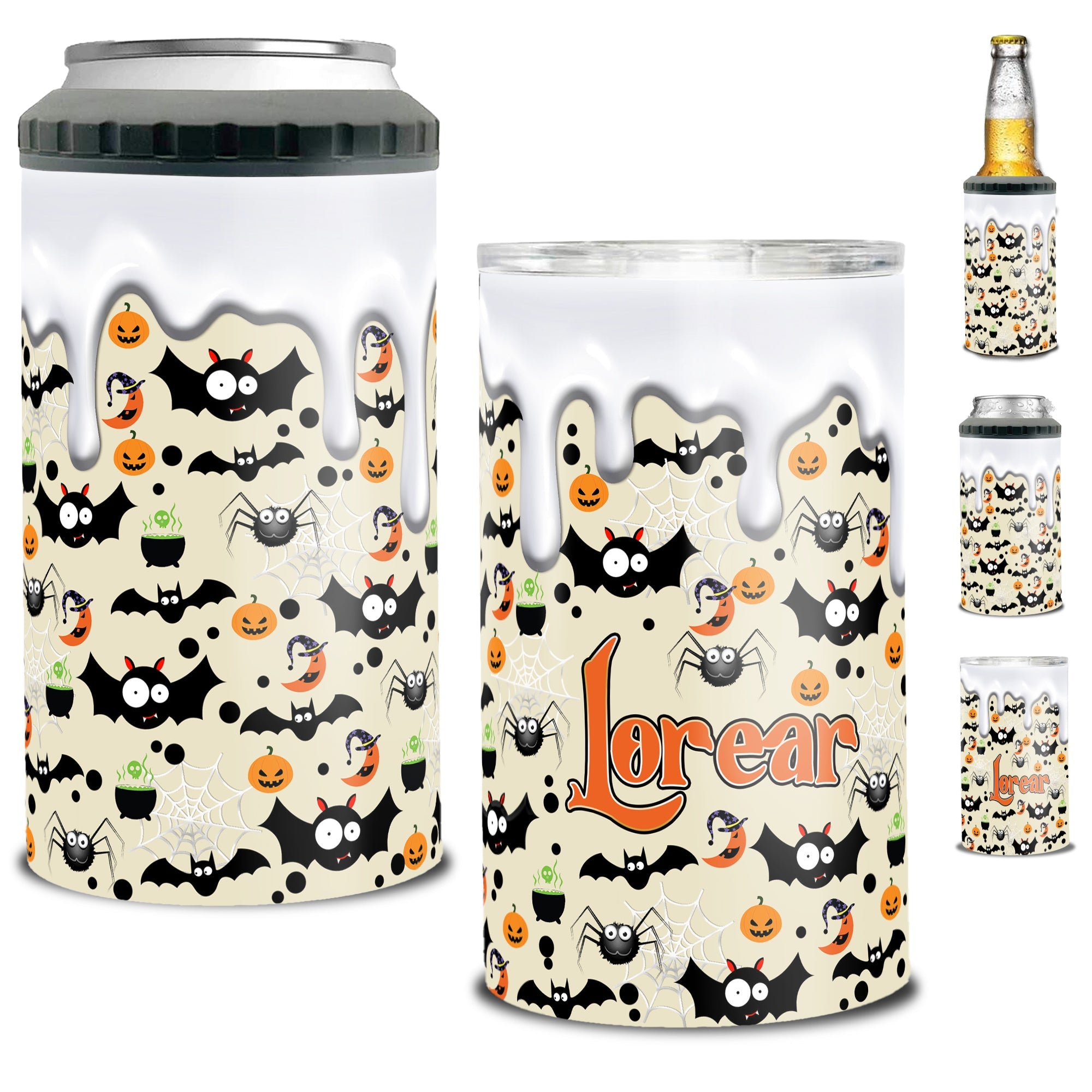 Personalized Halloween Bat Can Cooler 4 in 1 Holder Cup with Lids Customized Name 16oz Beer Drinking Gifts for Bats Lovers Women Men Kids Teen Holiday