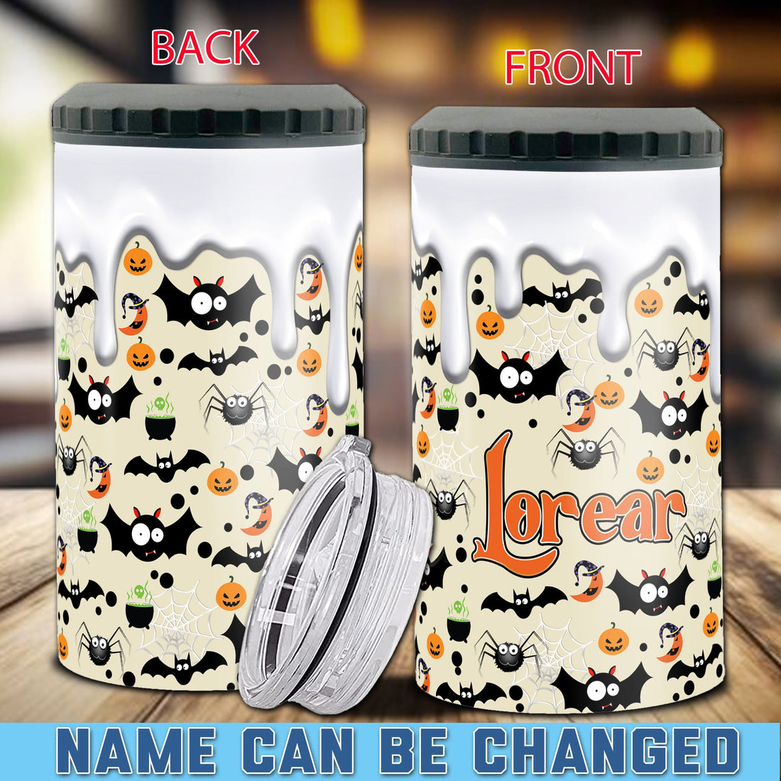 Personalized Halloween Bat Can Cooler 4 in 1 Holder Cup with Lids Customized Name 16oz Beer Drinking Gifts for Bats Lovers Women Men Kids Teen Holiday