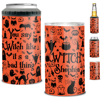 Personalized Halloween Witch Can Cooler 4 in 1 Holder Cup with Lids Customized Name 16oz Beer Drinking Gifts for Witches Lovers Women Men Kids Teen Holiday