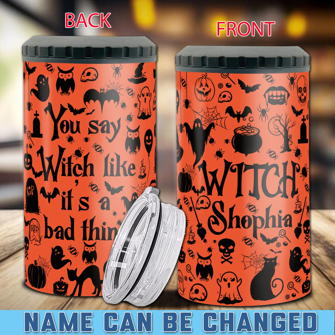 Personalized Halloween Witch Can Cooler 4 in 1 Holder Cup with Lids Customized Name 16oz Beer Drinking Gifts for Witches Lovers Women Men Kids Teen Holiday