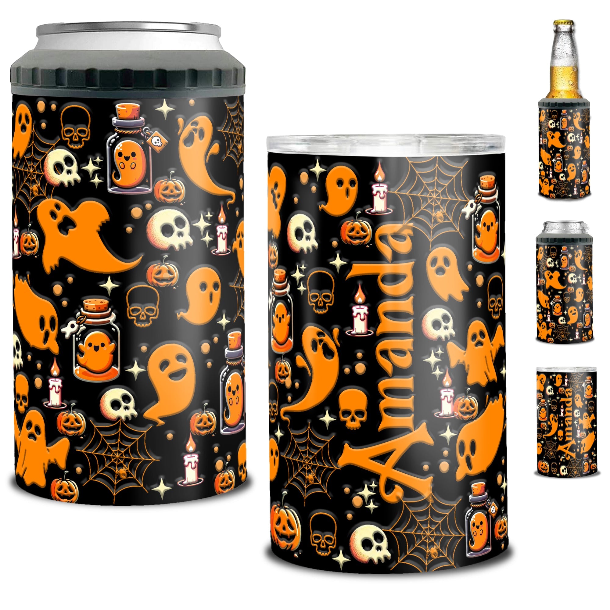 Personalized Halloween Ghost Can Cooler 4 in 1 Holder Cup with Lids Customized Name 16oz Beer Drinking Gifts for Boo Lovers Women Men Kids Teen Holiday