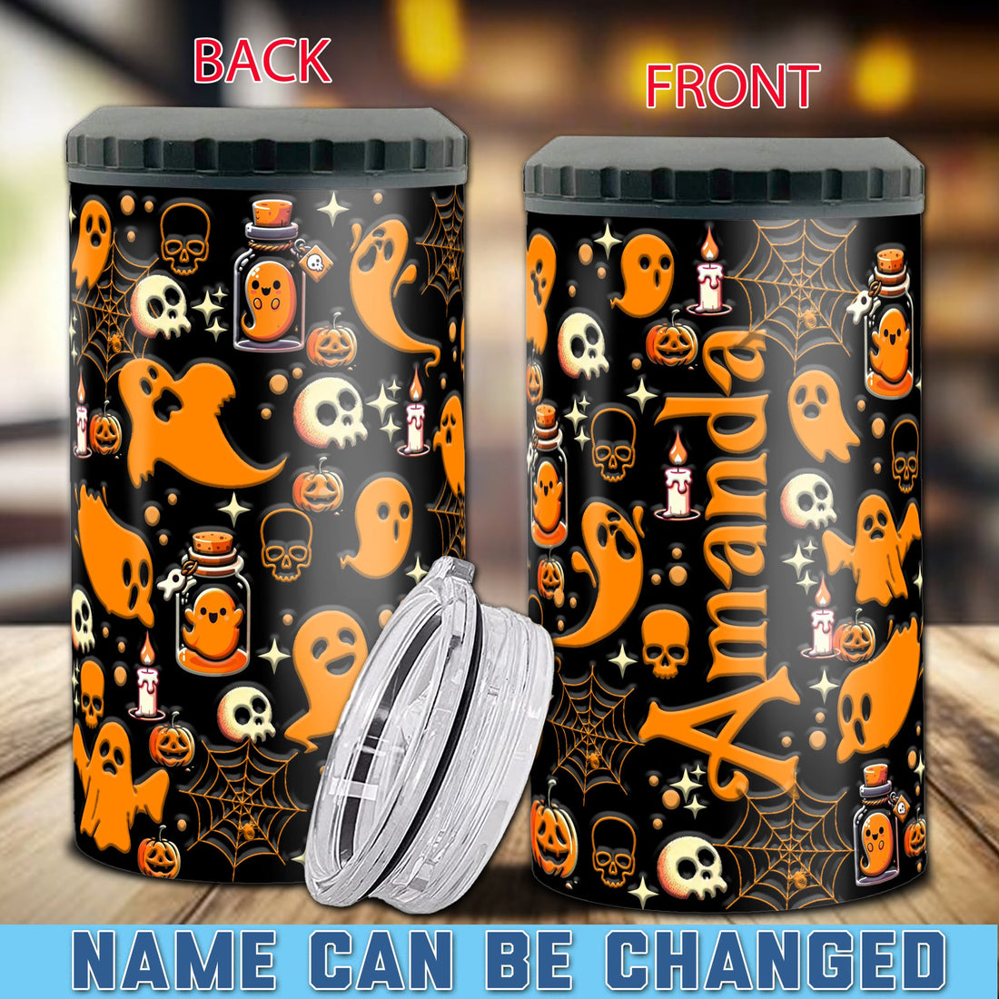 Personalized Halloween Ghost Can Cooler 4 in 1 Holder Cup with Lids Customized Name 16oz Beer Drinking Gifts for Boo Lovers Women Men Kids Teen Holiday