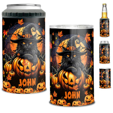 Personalized Cat Halloween Can Cooler 4 in 1 Holder Cup with Lids Customized Name 16oz Beer Drinking Gifts for Cats Lovers Women Men Kids Teen Holiday