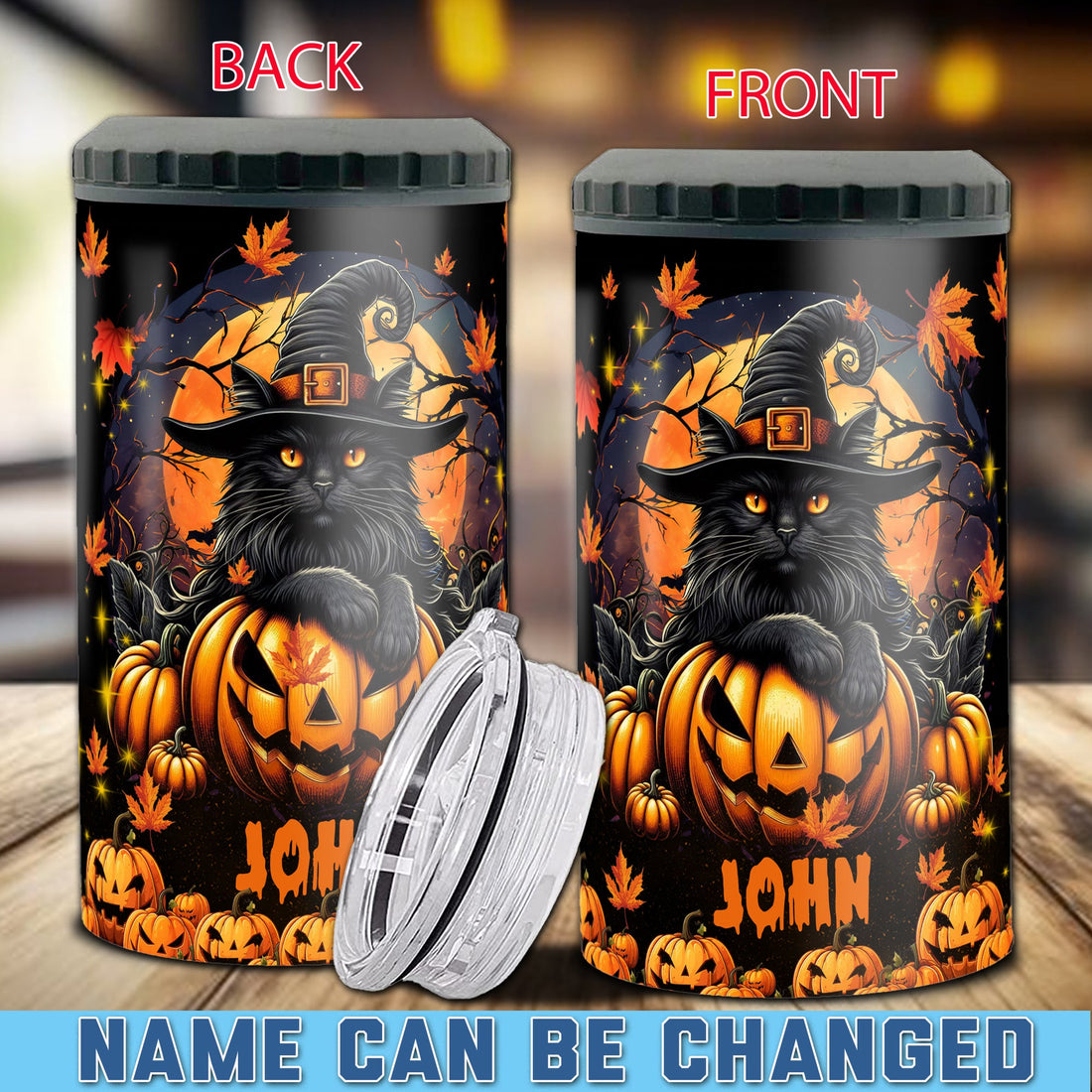 Personalized Cat Halloween Can Cooler 4 in 1 Holder Cup with Lids Customized Name 16oz Beer Drinking Gifts for Cats Lovers Women Men Kids Teen Holiday