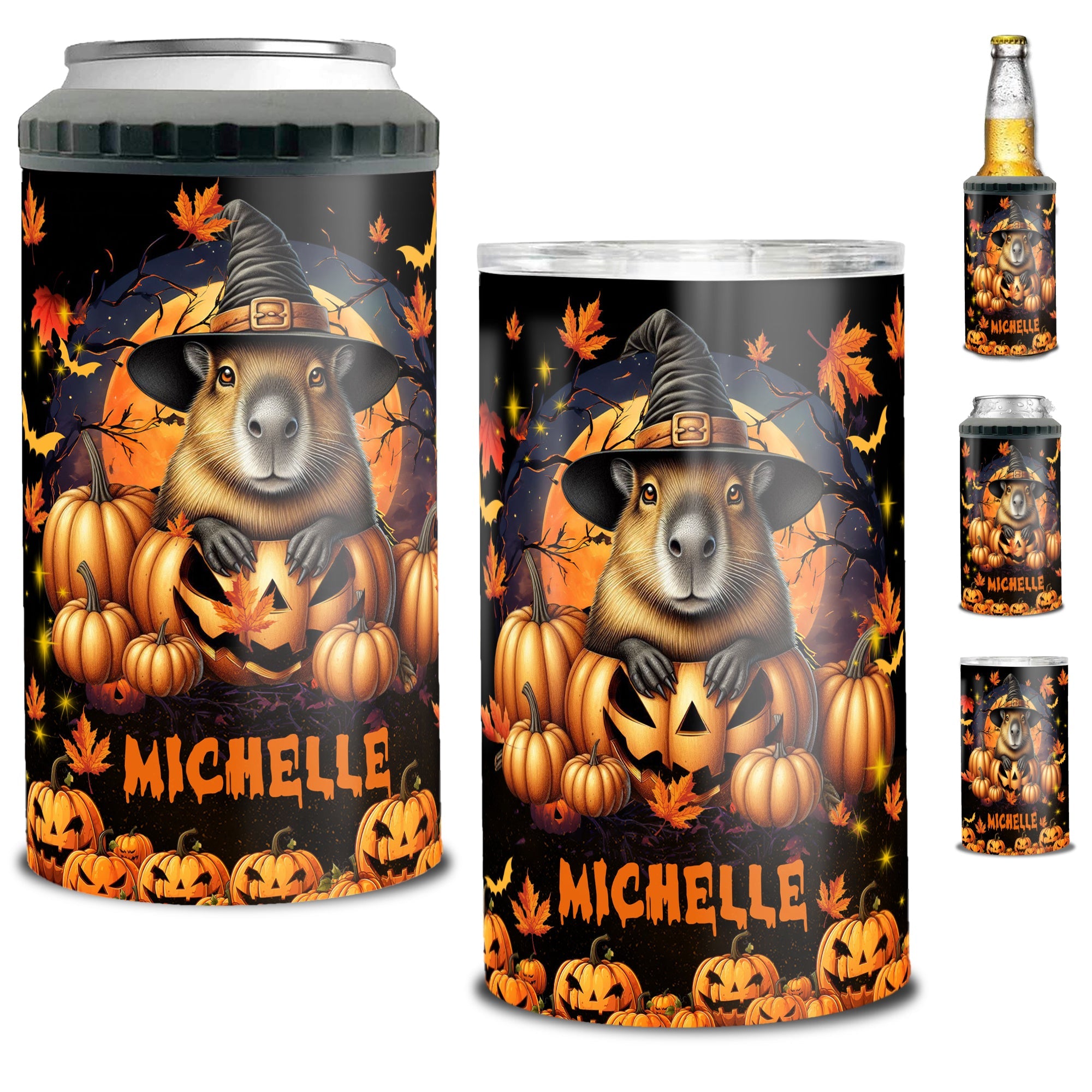 Personalized Capybara Halloween Can Cooler 4 in 1 Holder Cup with Lids Customized Name 16oz Beer Drinking Gifts for Capybaras Lovers Women Men Kids Teen Holiday