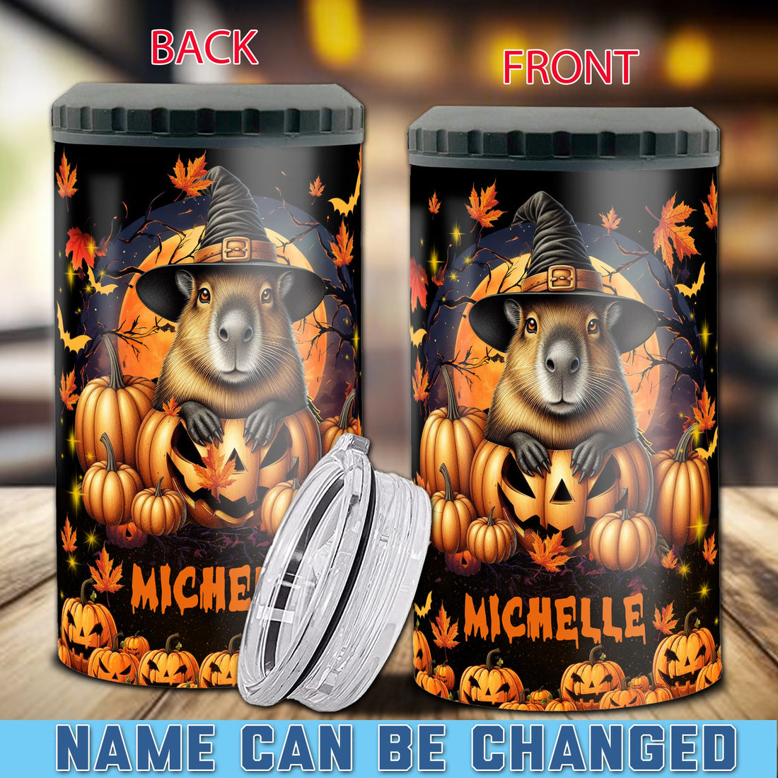 Personalized Capybara Halloween Can Cooler 4 in 1 Holder Cup with Lids Customized Name 16oz Beer Drinking Gifts for Capybaras Lovers Women Men Kids Teen Holiday