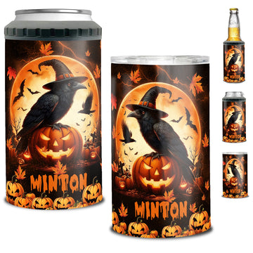 Personalized Raven Crow Halloween Can Cooler 4 in 1 Holder Cup with Lids Customized Name 16oz Beer Drinking Gifts for Bird Lovers Women Men Kids Teen Holiday