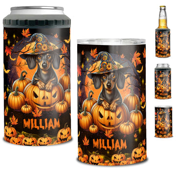 Personalized Dachshund Halloween Can Cooler 4 in 1 Holder Cup with Lids Customized Name 16oz Beer Drinking Gifts for Dog Lovers Women Men Kids Teen Holiday