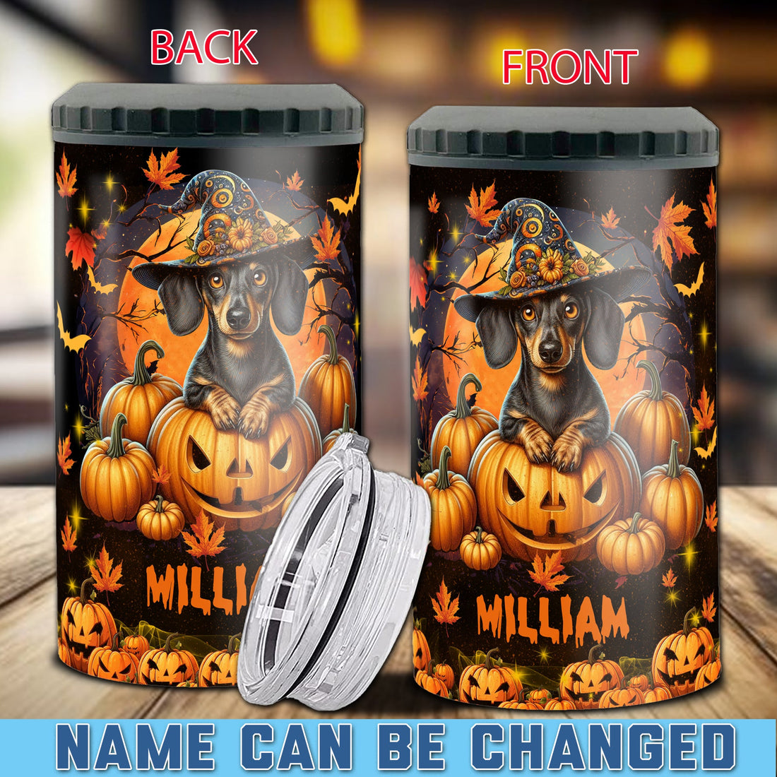 Personalized Dachshund Halloween Can Cooler 4 in 1 Holder Cup with Lids Customized Name 16oz Beer Drinking Gifts for Dog Lovers Women Men Kids Teen Holiday