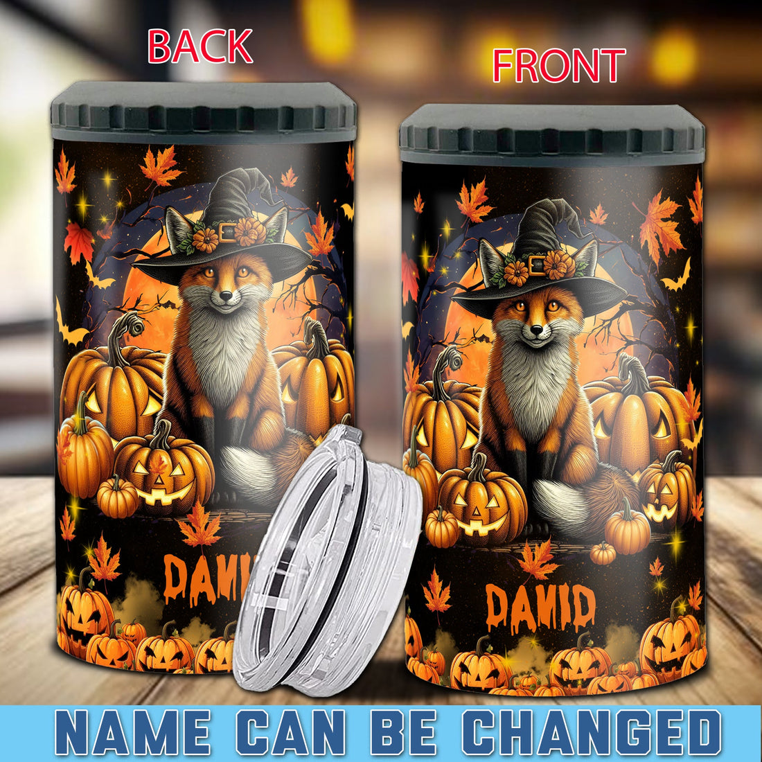 Personalized Fox Halloween Can Cooler 4 in 1 Holder Cup with Lids Customized Name 16oz Beer Drinking Gifts for Women Men Kids Teen Holiday