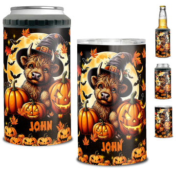 Personalized Highland Cow Halloween Can Cooler 4 in 1 Holder Cup with Lids Customized Name 16oz Beer Drinking Gifts for Women Men Kids Teen Holiday