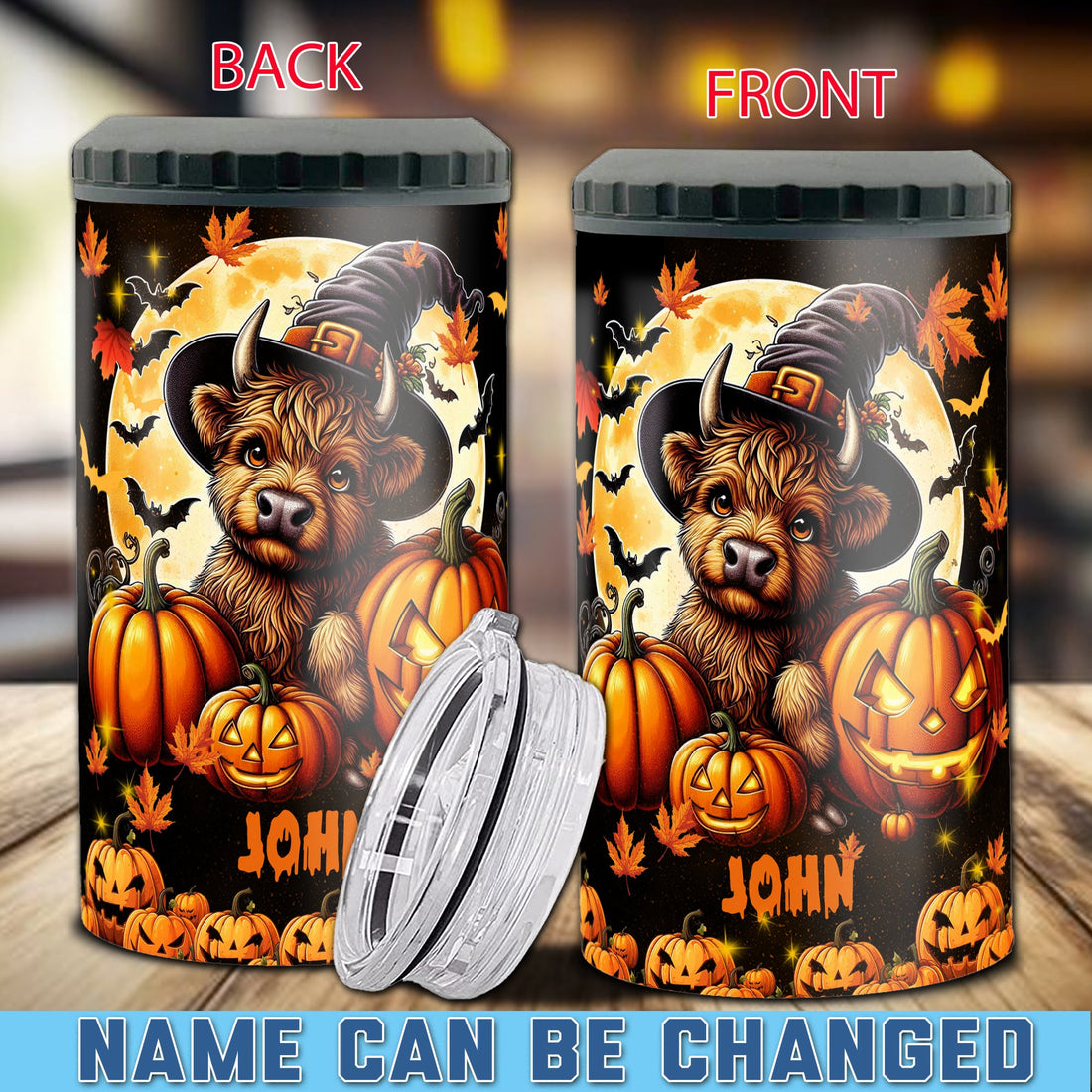 Personalized Highland Cow Halloween Can Cooler 4 in 1 Holder Cup with Lids Customized Name 16oz Beer Drinking Gifts for Women Men Kids Teen Holiday