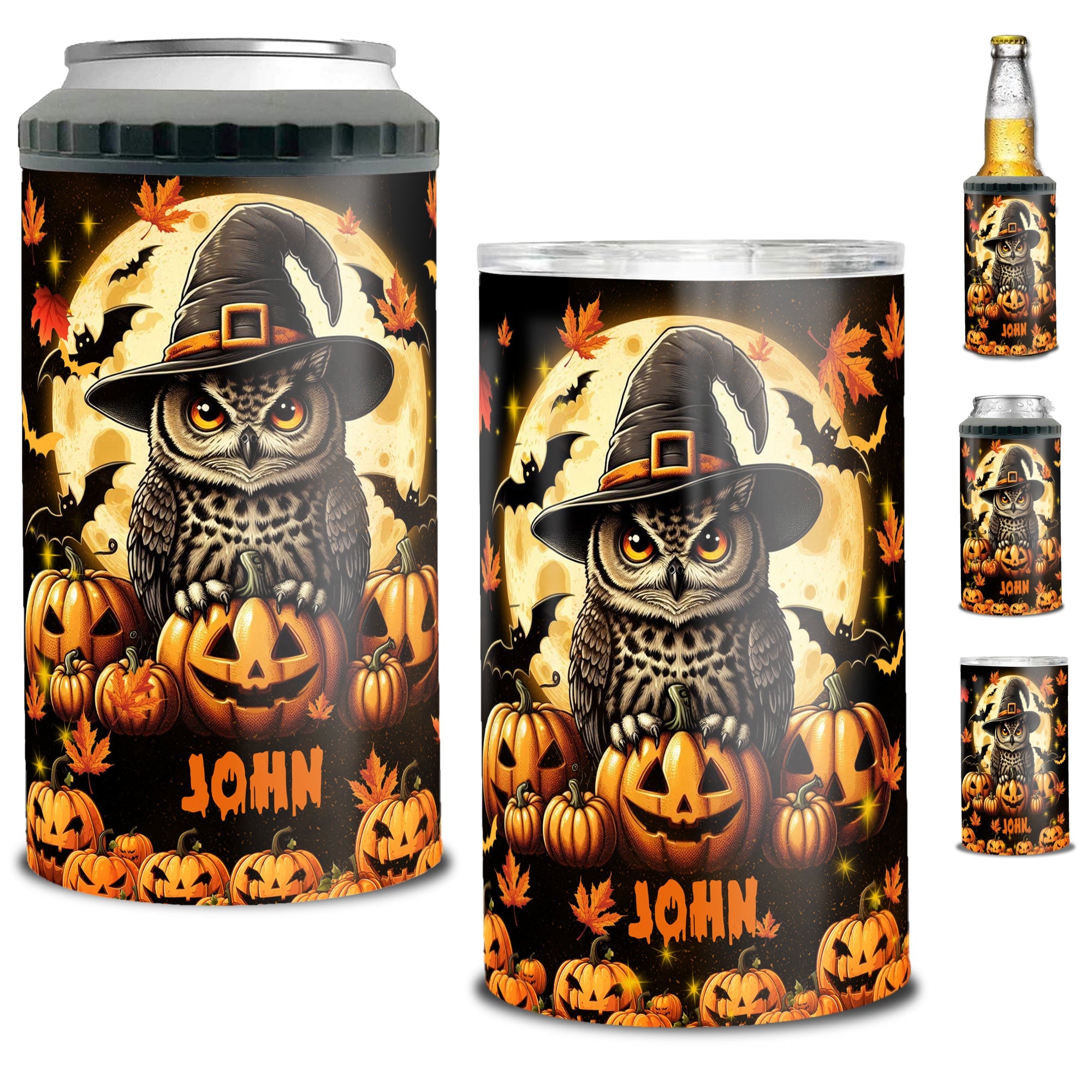 Personalized Owl Halloween Can Cooler 4 in 1 Holder Cup with Lids Customized Name 16oz Beer Drinking Gifts for Owls Lovers Women Men Kids Teen Holiday