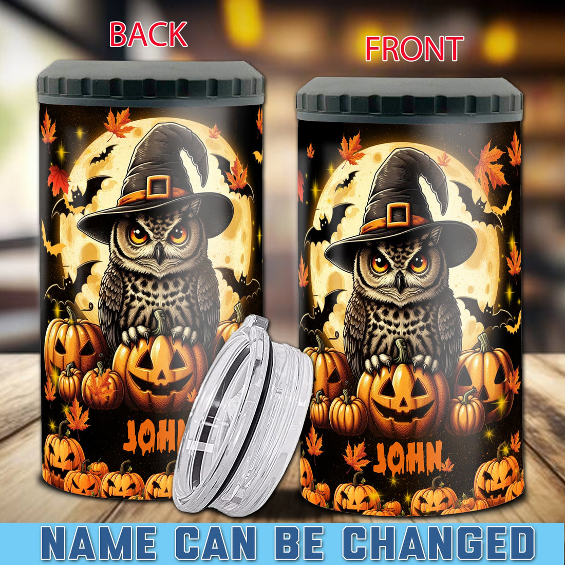 Personalized Owl Halloween Can Cooler 4 in 1 Holder Cup with Lids Customized Name 16oz Beer Drinking Gifts for Owls Lovers Women Men Kids Teen Holiday