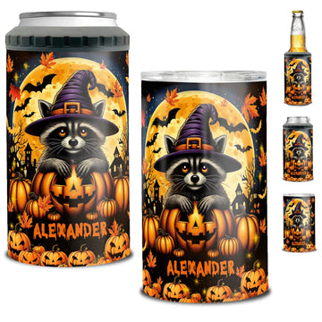 Personalized Raccoon Halloween Can Cooler 4 in 1 Holder Cup with Lids Customized Name 16oz Beer Drinking Gifts for Raccoons Lovers Women Men Kids Teen Holiday