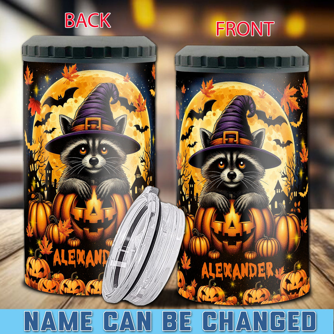 Personalized Raccoon Halloween Can Cooler 4 in 1 Holder Cup with Lids Customized Name 16oz Beer Drinking Gifts for Raccoons Lovers Women Men Kids Teen Holiday