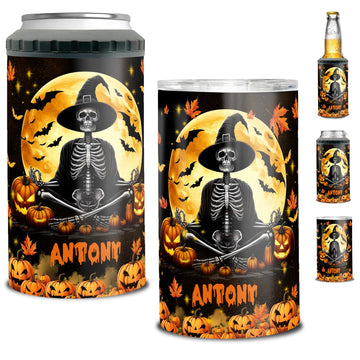 Personalized Skeleton Halloween Can Cooler 4 in 1 Holder Cup with Lids Customized Name 16oz Beer Drinking Gifts for Skeletons Lovers Women Men Kids Teen Holiday