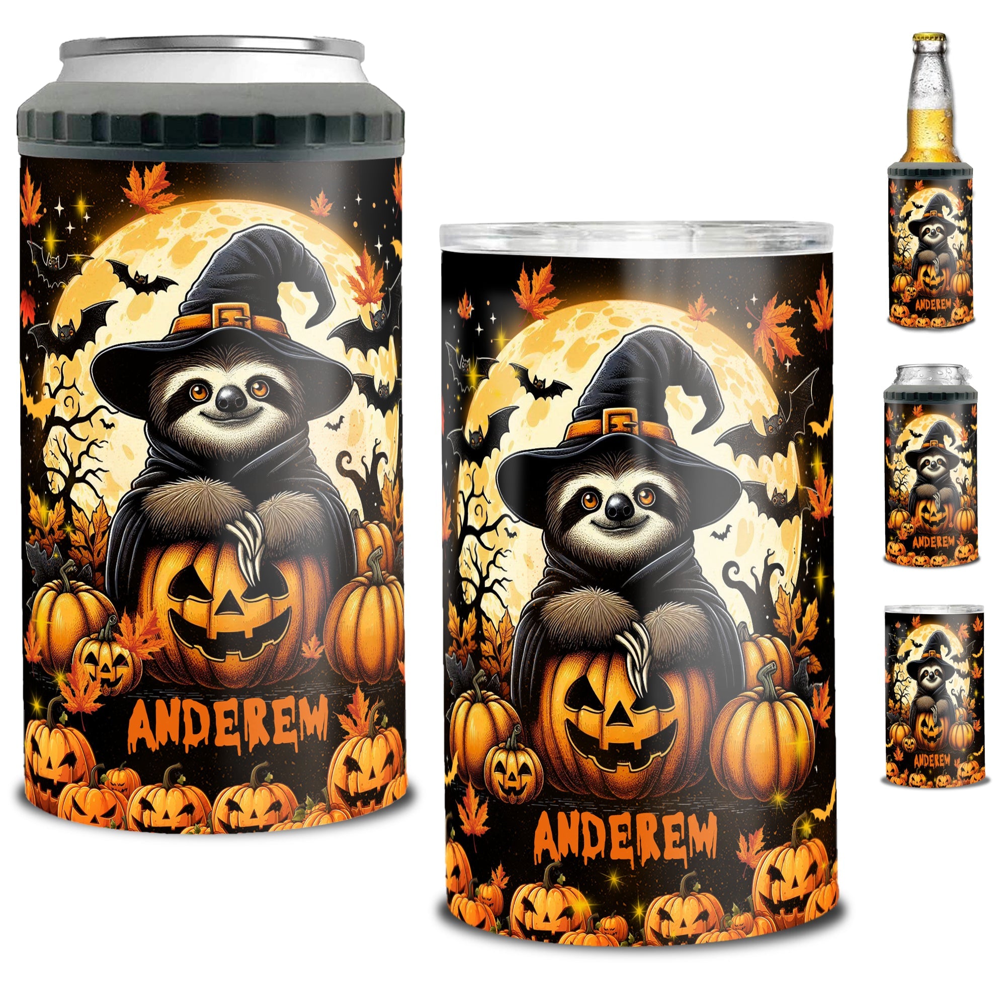 Personalized Sloth Halloween Can Cooler 4 in 1 Holder Cup with Lids Customized Name 16oz Beer Drinking Gifts for Sloths Lovers Women Men Kids Teen Holiday