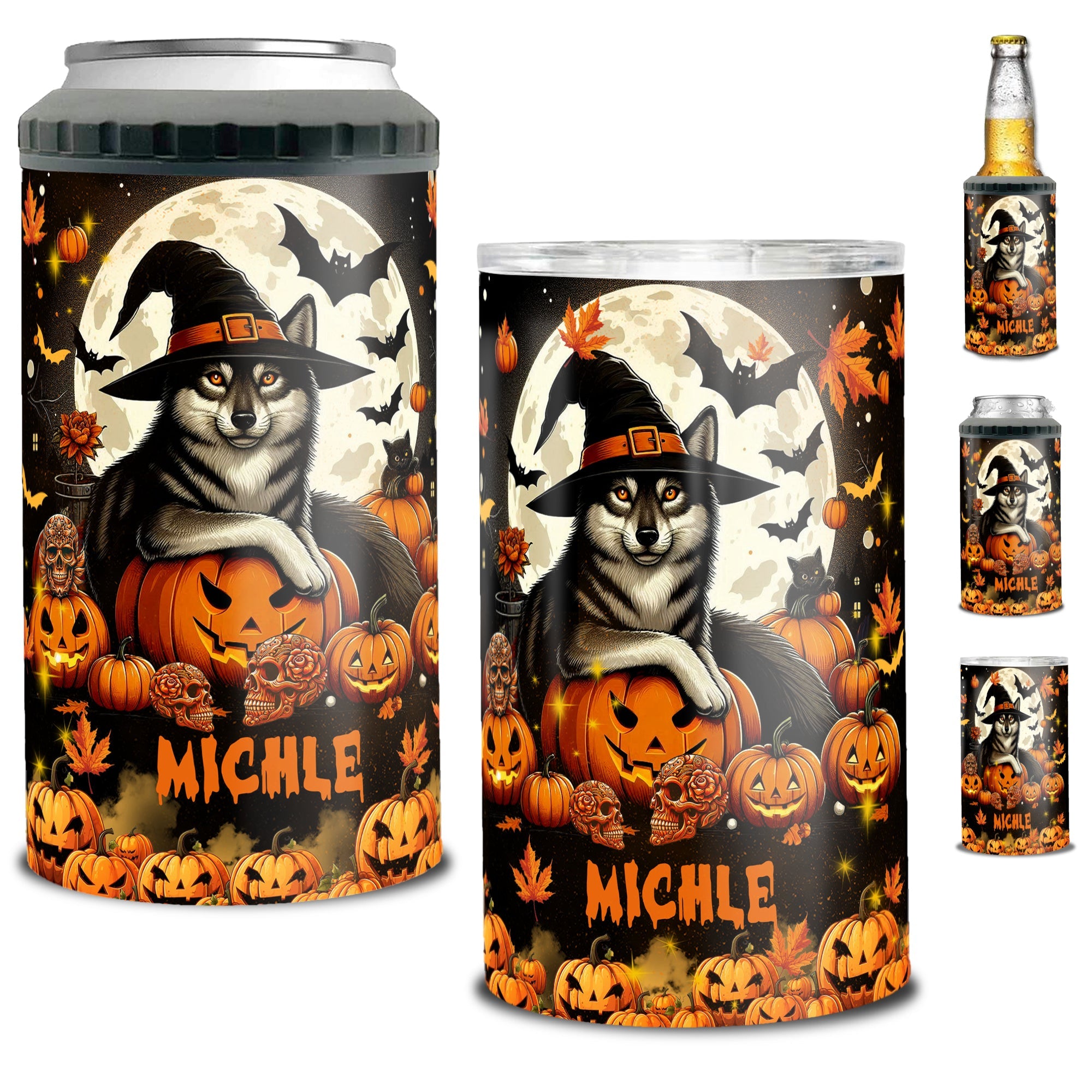 Personalized Wolf Halloween Can Cooler 4 in 1 Holder Cup with Lids Customized Name 16oz Beer Drinking Gifts for Wolfs Lovers Women Men Kids Teen Holiday