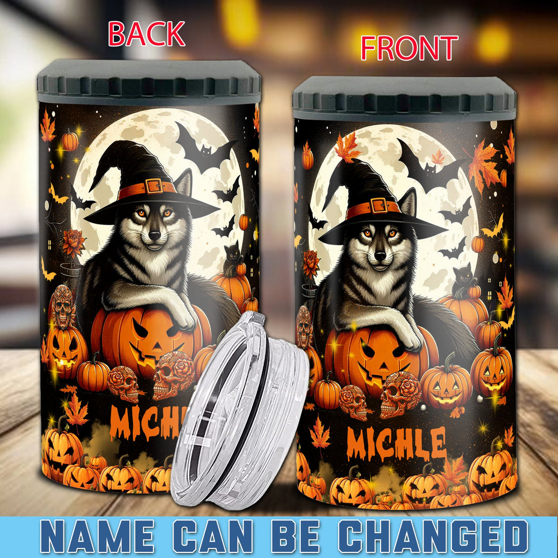 Personalized Wolf Halloween Can Cooler 4 in 1 Holder Cup with Lids Customized Name 16oz Beer Drinking Gifts for Wolfs Lovers Women Men Kids Teen Holiday