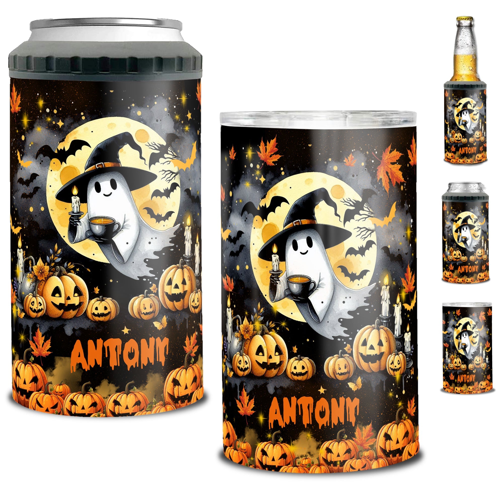 Personalized Cute Ghost Halloween Can Cooler 4 in 1 Holder Cup with Lids Customized Name 16oz Beer Drinking Gifts for Boo Lovers Women Men Kids Teen Holiday