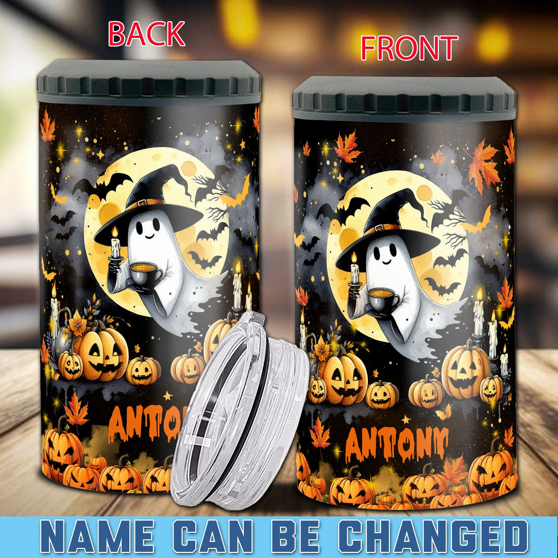 Personalized Cute Ghost Halloween Can Cooler 4 in 1 Holder Cup with Lids Customized Name 16oz Beer Drinking Gifts for Boo Lovers Women Men Kids Teen Holiday