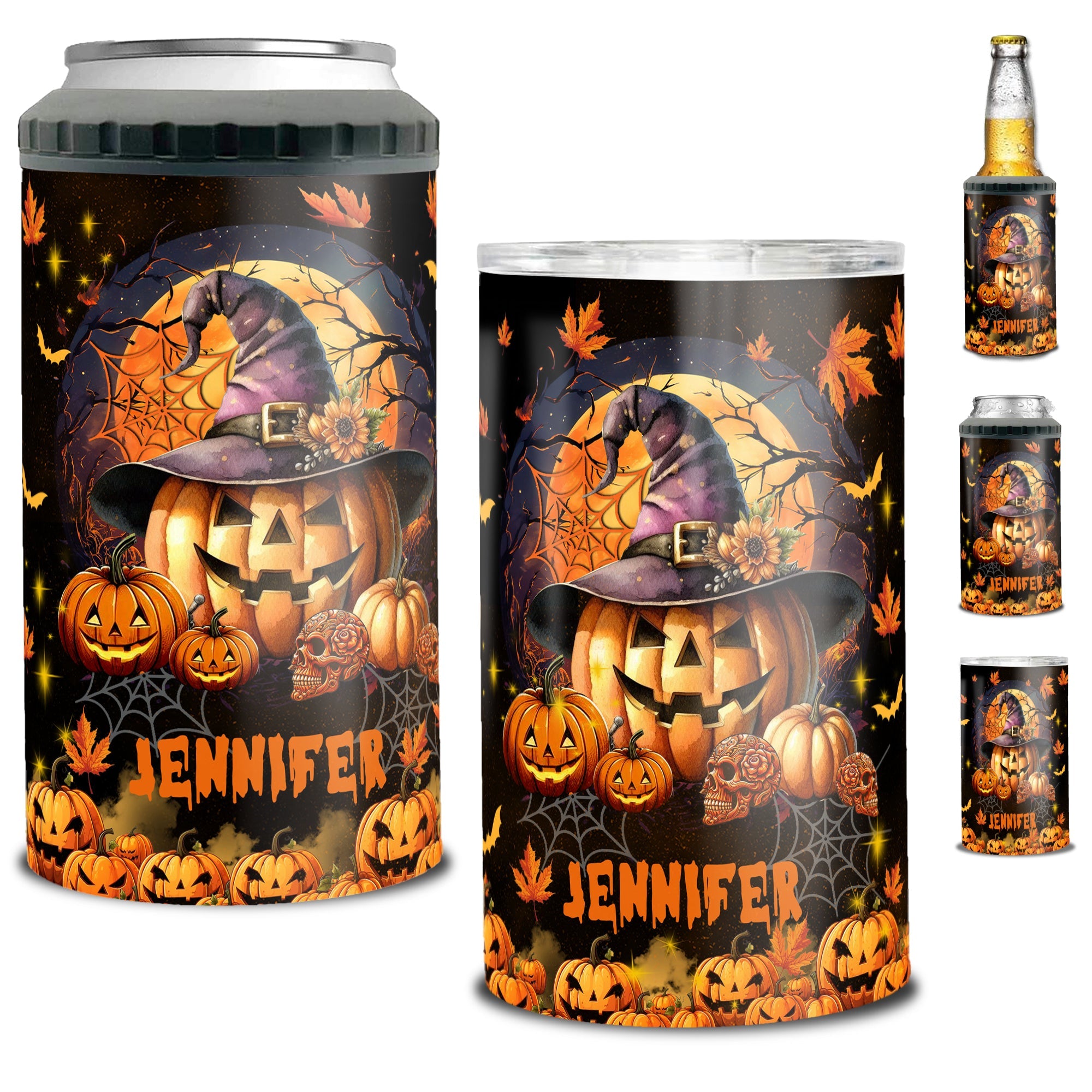 Personalized Pumpkin Halloween Can Cooler 4 in 1 Holder Cup with Lids Customized Name 16oz Beer Drinking Gifts for Pumpkins Lovers Women Men Kids Teen Holiday