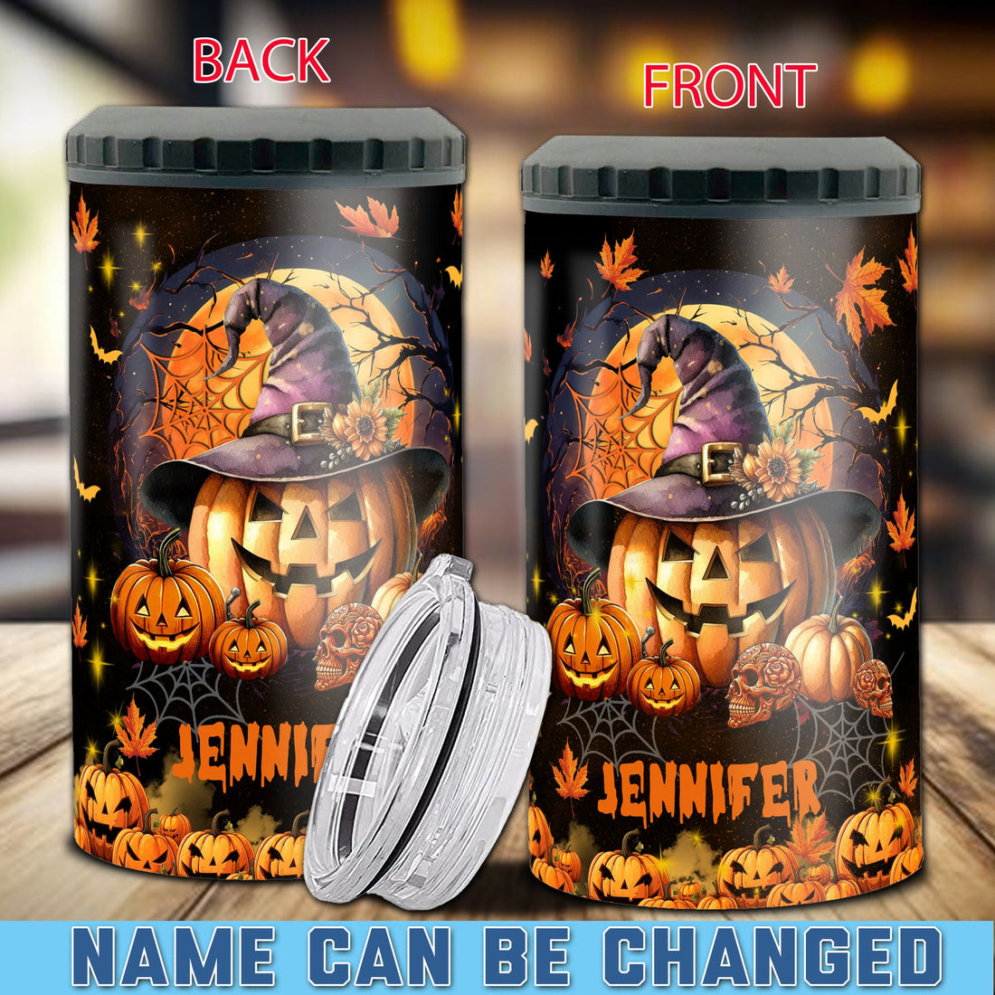 Personalized Pumpkin Halloween Can Cooler 4 in 1 Holder Cup with Lids Customized Name 16oz Beer Drinking Gifts for Pumpkins Lovers Women Men Kids Teen Holiday