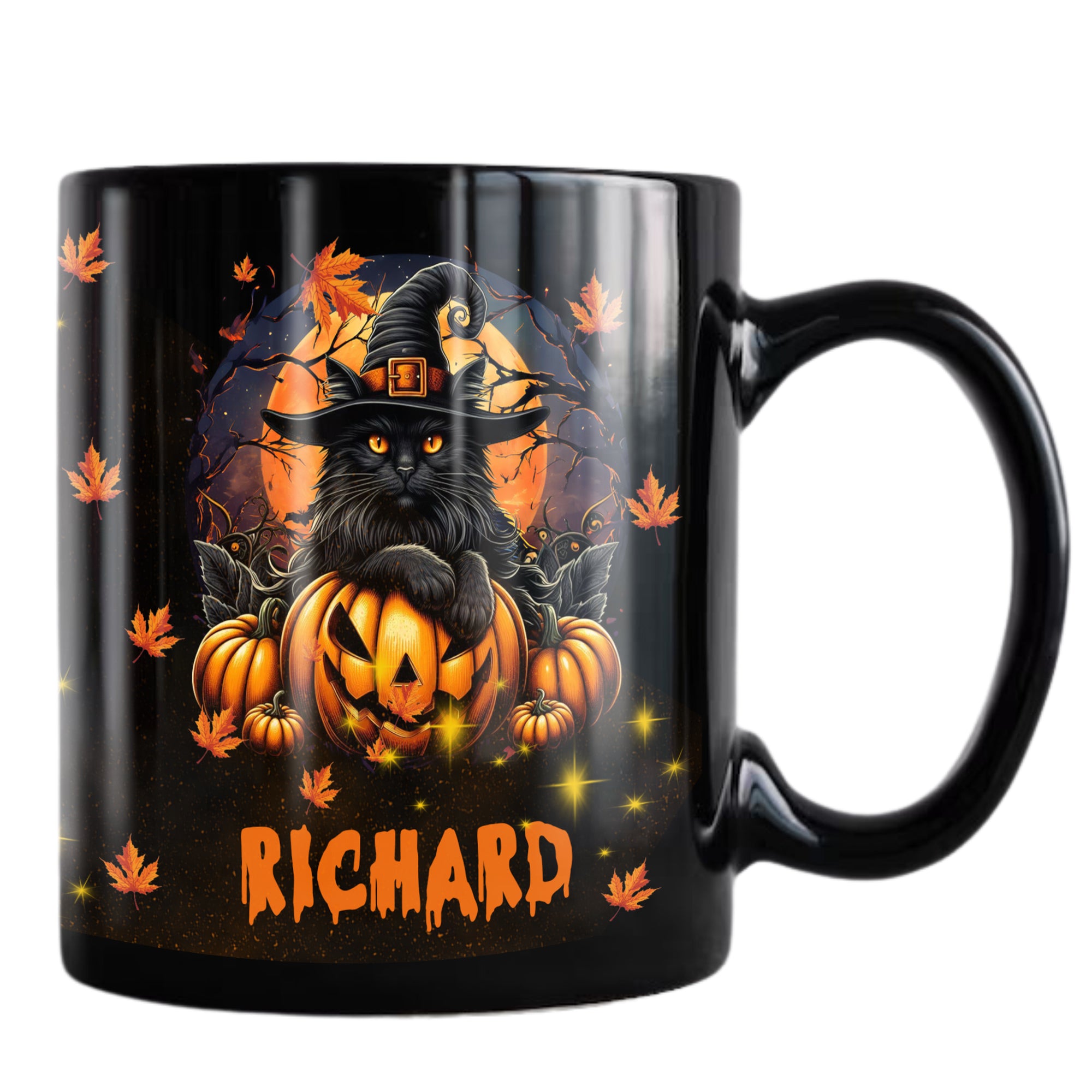 Personalized Halloween Black Cat Coffee Mug Custom Name Cats Ceramic Cup 11Oz 15Oz Decor Gifts for Kids Friends Women Men Family Holiday