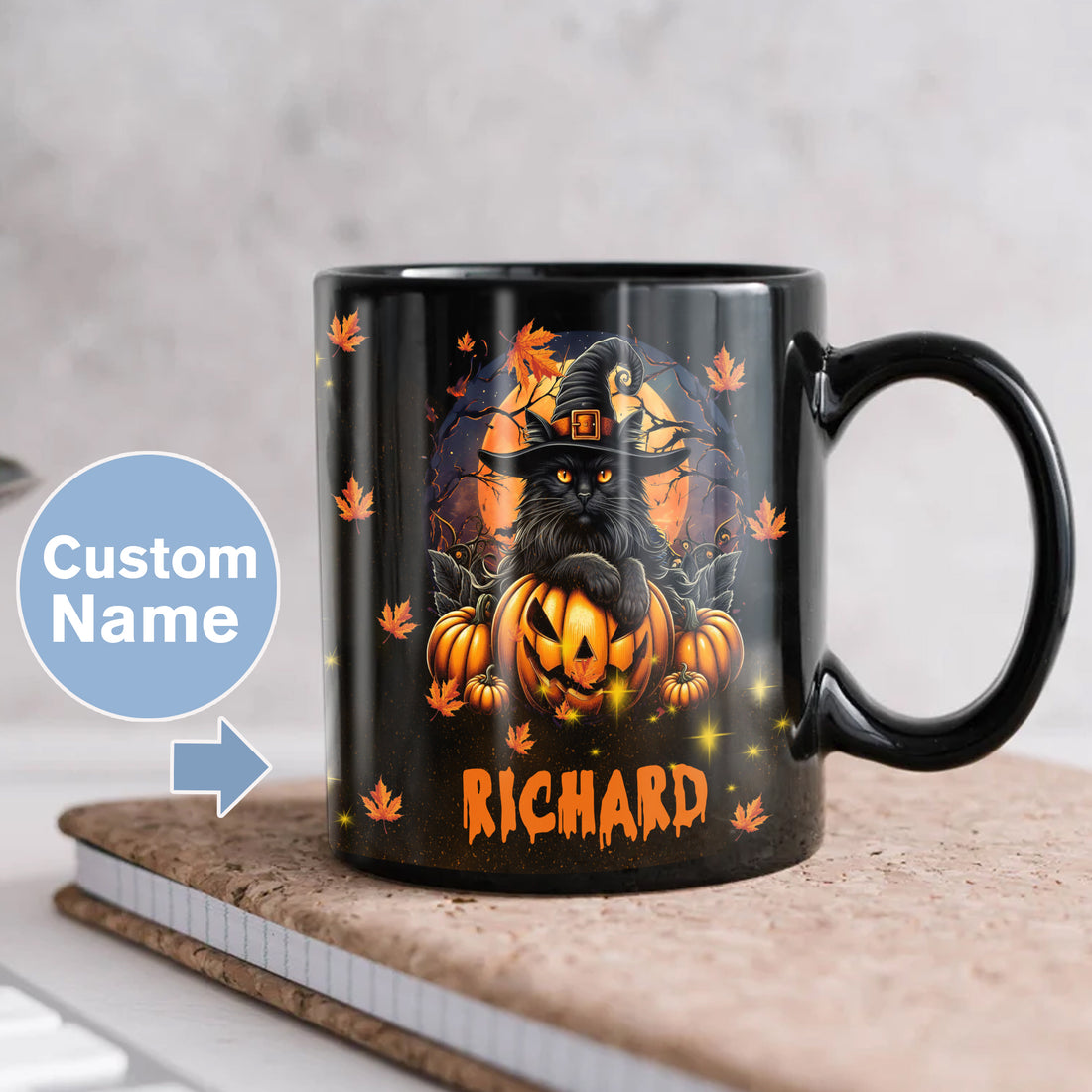 Personalized Halloween Black Cat Coffee Mug Custom Name Cats Ceramic Cup 11Oz 15Oz Decor Gifts for Kids Friends Women Men Family Holiday