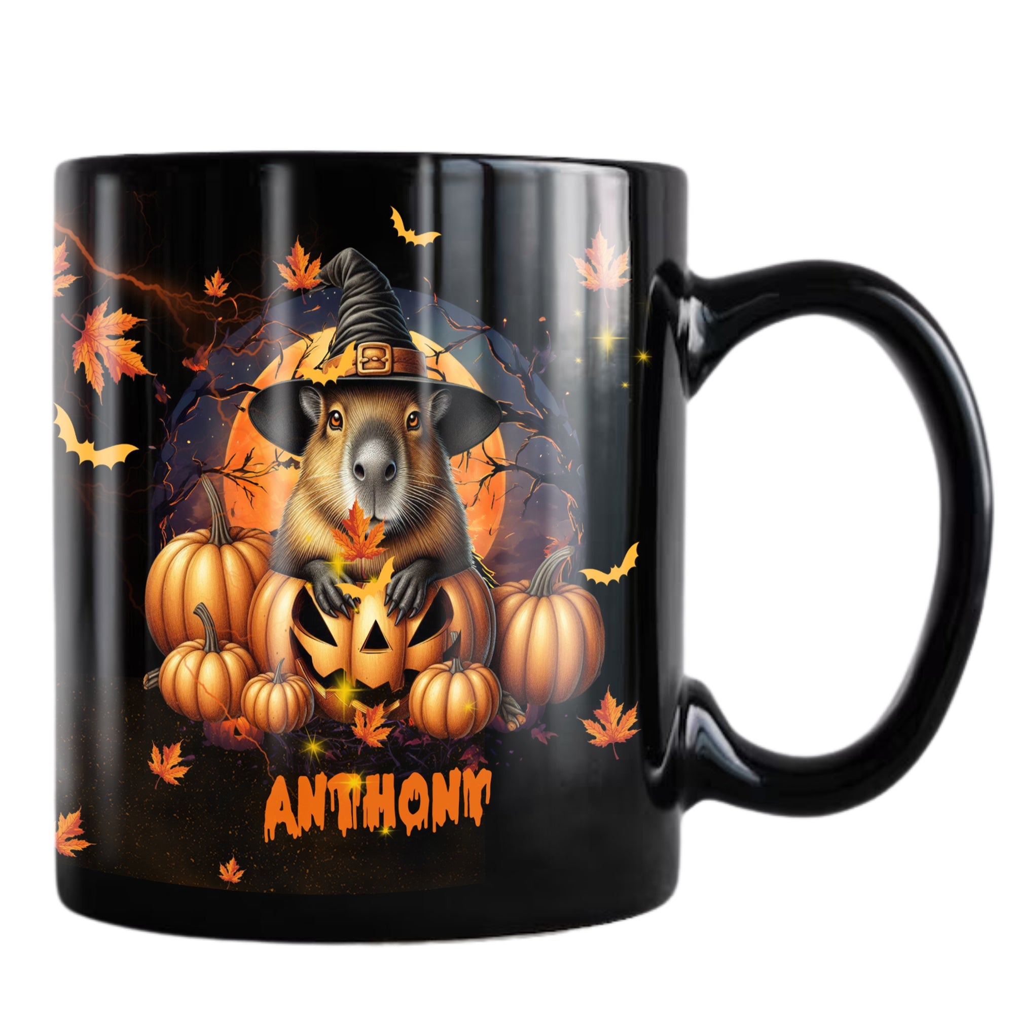 Personalized Halloween Capybara Coffee Mug Custom Name Ceramic Cup 11Oz 15Oz Decor Gifts for Kids Friends Women Men Family Holiday