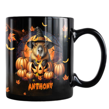 Personalized Halloween Capybara Coffee Mug Custom Name Ceramic Cup 11Oz 15Oz Decor Gifts for Kids Friends Women Men Family Holiday