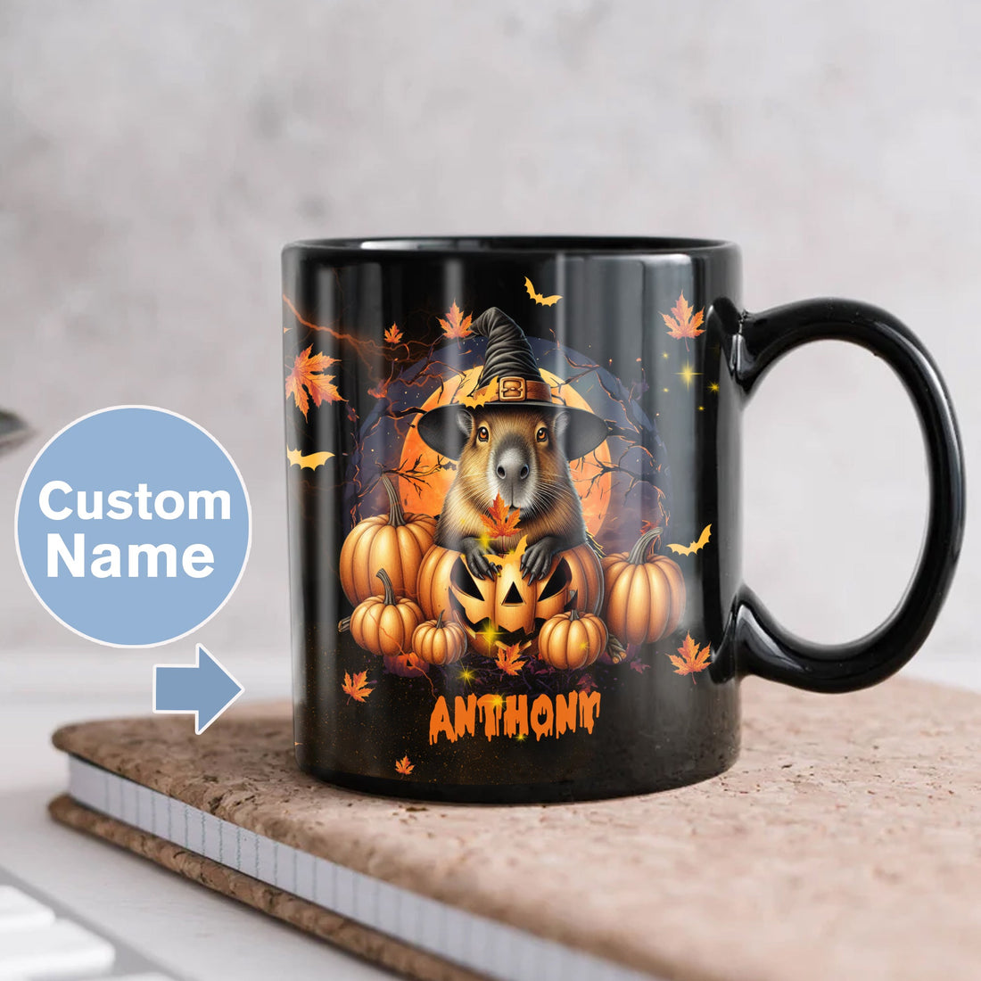 Personalized Halloween Capybara Coffee Mug Custom Name Ceramic Cup 11Oz 15Oz Decor Gifts for Kids Friends Women Men Family Holiday