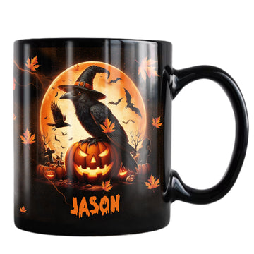 Personalized Halloween Raven Crow Coffee Mug Custom Name Ceramic Cup 11Oz 15Oz Decor Gifts for Kids Friends Women Men Family Holiday