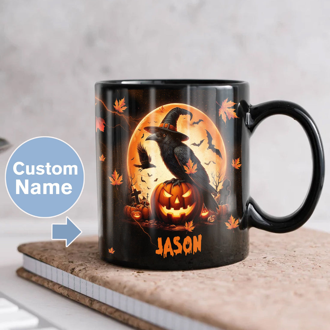 Personalized Halloween Raven Crow Coffee Mug Custom Name Ceramic Cup 11Oz 15Oz Decor Gifts for Kids Friends Women Men Family Holiday