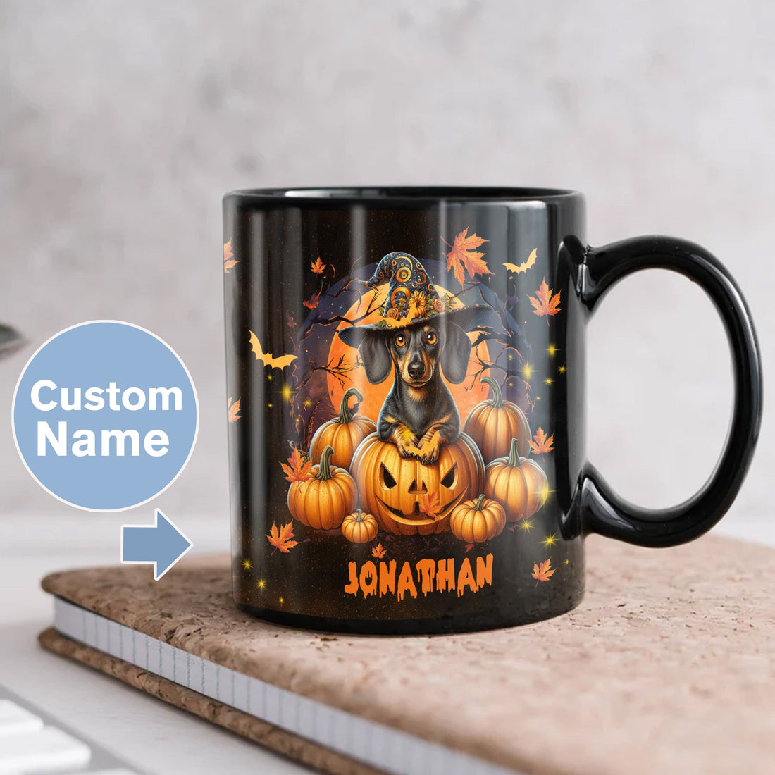 Personalized Halloween Dachshund Coffee Mug Custom Name Dog Ceramic Cup 11Oz 15Oz Decor Gifts for Kids Friends Women Men Family Holiday